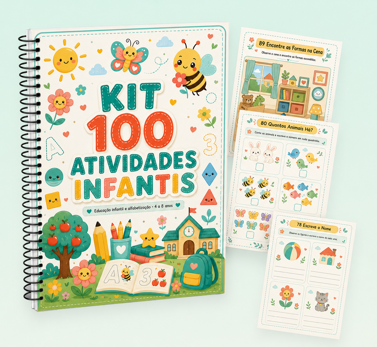 Mockup da capa do Kit de Atividades para Professores com folhas de atividades
